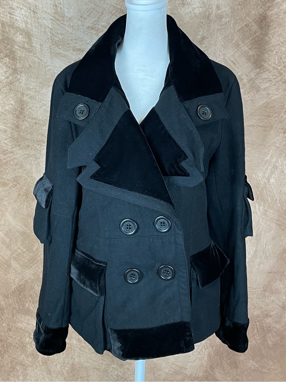 Moschino Black Double-Breasted Peacoat with Velvet Trim size 6